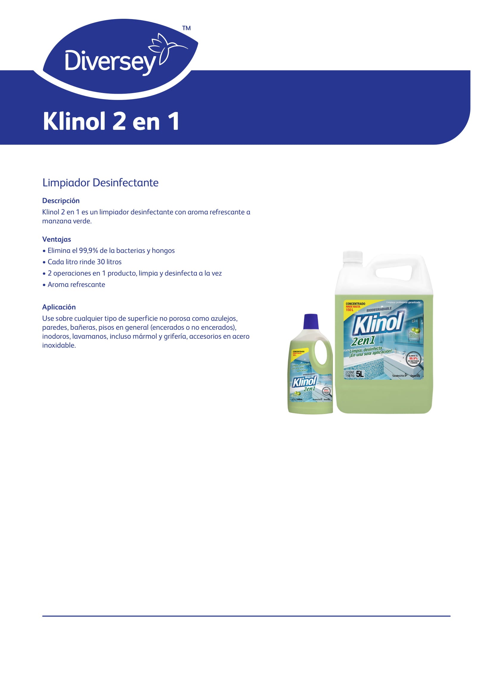 LIMPIADOR DESINFECTANTE 2 EN 1 KLINOL FCO X 1000 ML - DIVERSEY