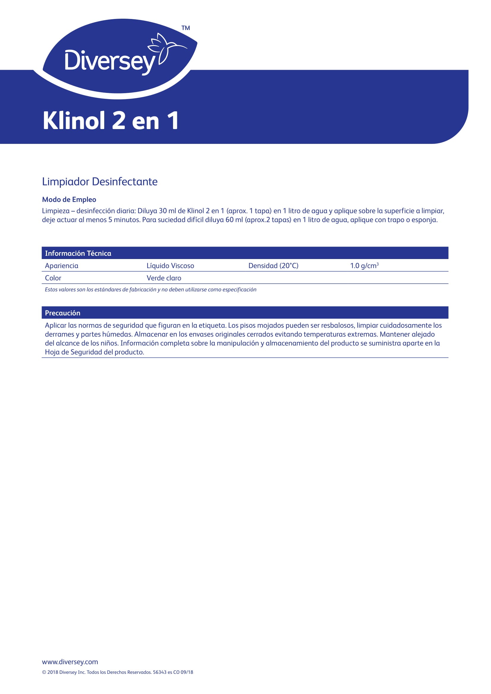 LIMPIADOR DESINFECTANTE DE UN SOLO PASO KLINOL  2 EN 1 GL X 5L - DIVERSEY
