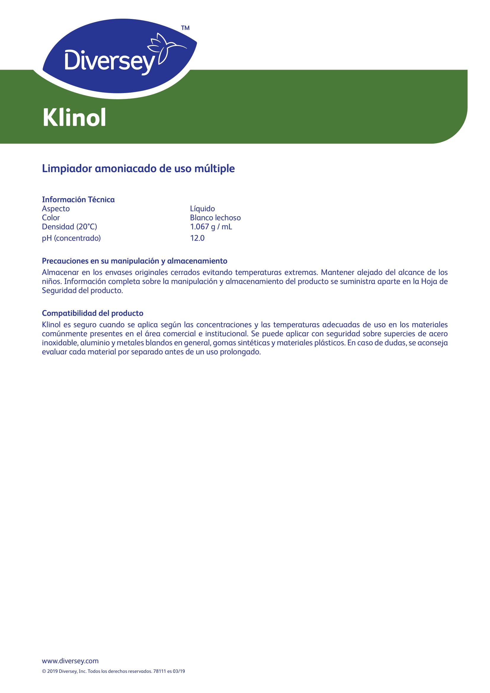 LIMPIADOR DESINFECTANTE KLINOL GL X 5 LITROS - DIVERSEY